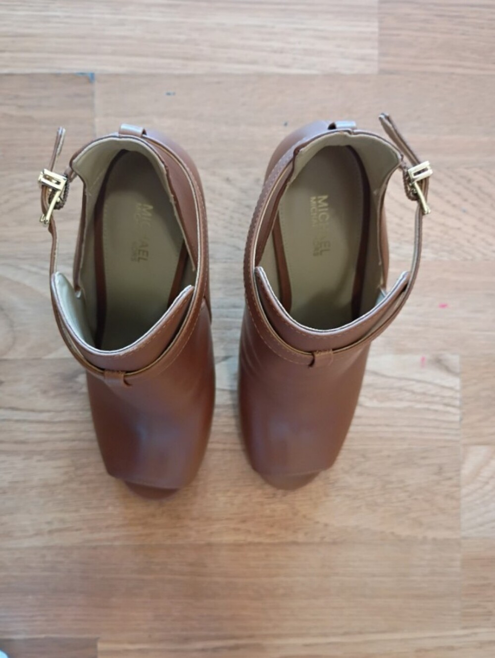 Michael Kors Camel Peep-Toe Leather Ankle Booties - Picture 4 of 6